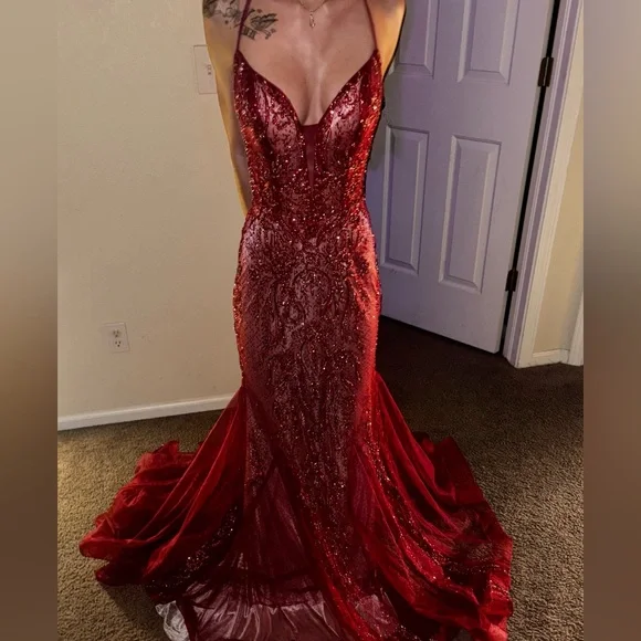 Embellished Red Sequin Mermaid Gown Prom Dress - Picture 3 of 3